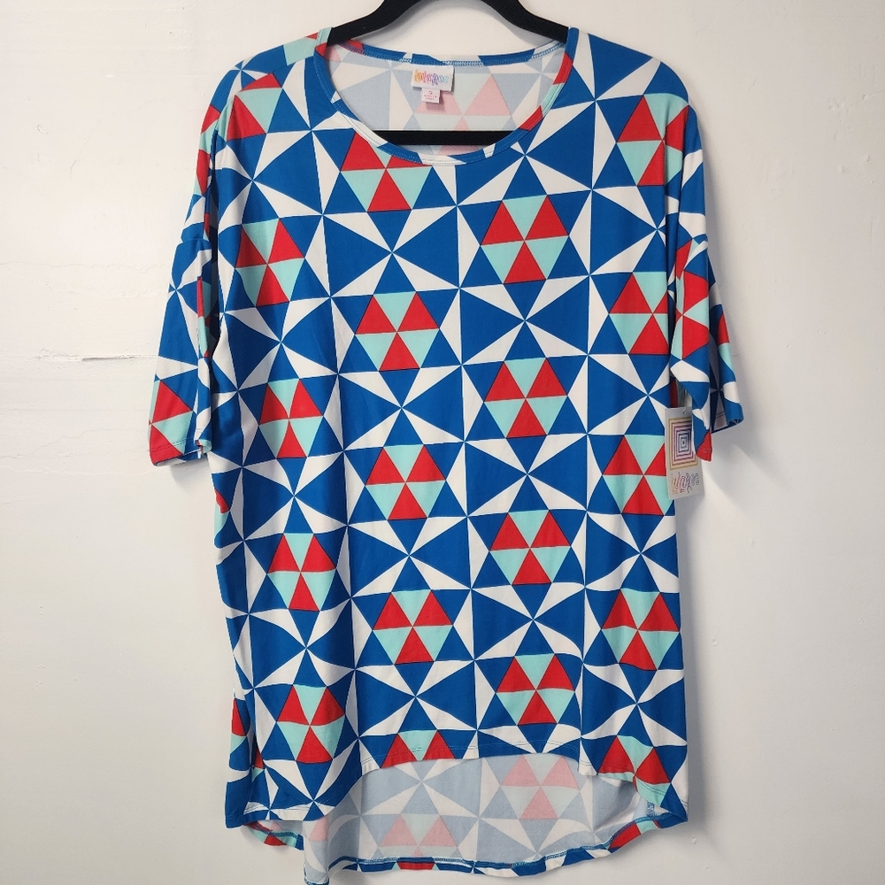 LuLaRoe Irma Small New High Low Blouse Red White Blue Geometric Pattern